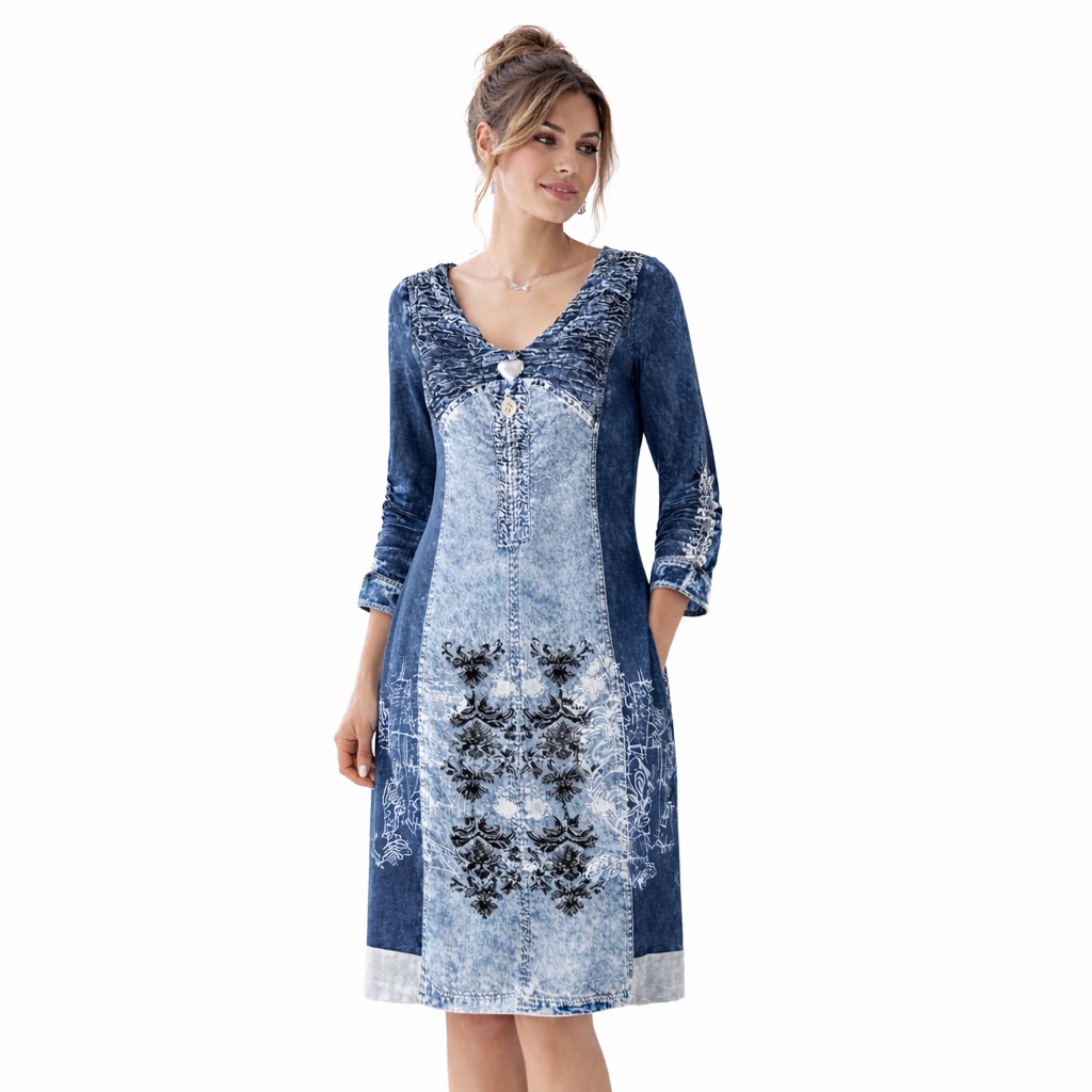 Elisa Cavaletti Italian Designer Ruched Denim Print Dress Lagenlook Boho Tunic M
